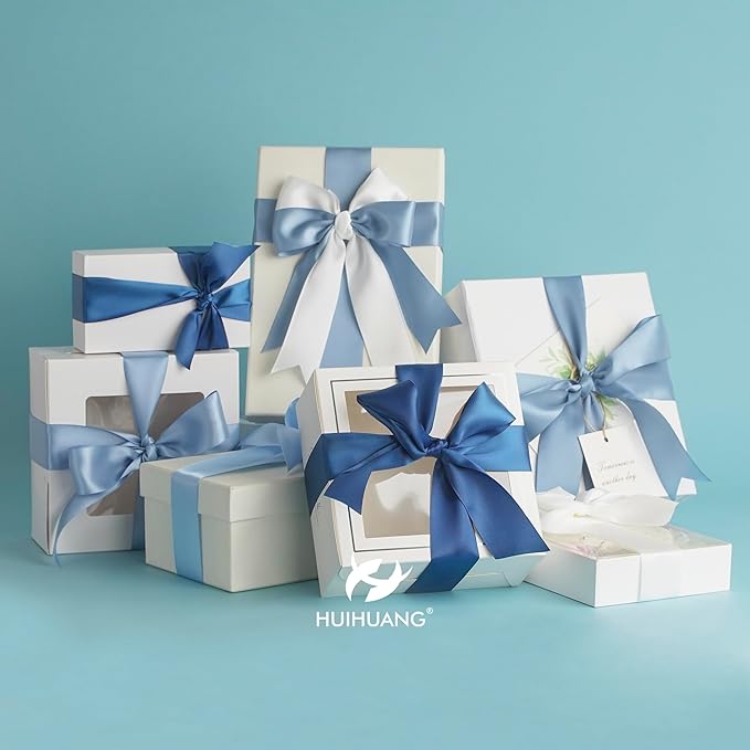 HUIHUANG Blue Ribbon 1-1/2" Dusty Blue/French Blue/Antique Blue/Navy/Light Blue and White Satin Ribbons for Wedding Flower Bouquet Hair Bows Gift Wrapping Crafts- 6 Rolls, Total 30 Yards