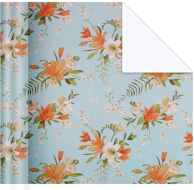 Aimyoo Blue Yellow Floral Wrapping Paper Roll 17 in x 10 ft, Daylily Flower Gift Wrap for Wedding Birthday Bridal Shower