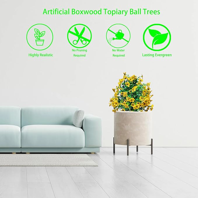 2 Pcs Artificial Boxwood Topiary Ball Trees - 23" With Ground Spike, Fake Evergreen Tree, UV Resistant Faux Greenery Shrubs & Bushes for Porch, Garden, Front Yard Decor, Indoor/Outdoor -Yellow