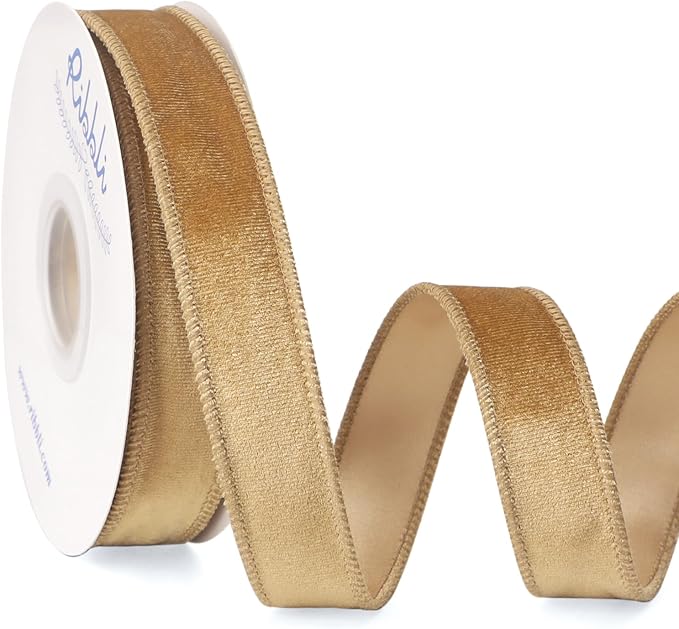 Ribbli Champagne Velvet Wired Ribbon 1 Inch Velvet with Satin Christmas Ribbon for Gift Wrapping Christmas Tree Decoration Crafts Wreaths Supplies-Continuous 10 Yards