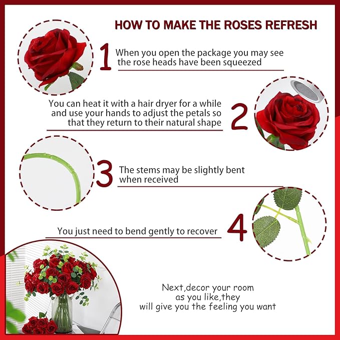 50PCS Artificial Silk Roses in Bulk & Bouquet Long Stem – Realistic Fake Roses for Wedding Centerpieces, Home Decor, Floral Arrangements, Party Decoration (Burgundy)