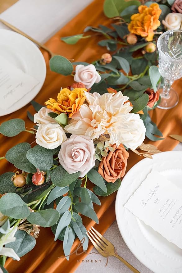 Ling's moment Fall Flower Garland - 6FT Eucalyptus & Rose - Sweetheart Table Decor for Wedding Reception, Artificial Floral Garland for Mantle, Thanksgiving, Christmas Decoration, Sunset Terracotta