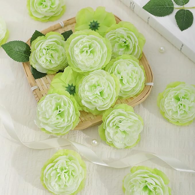 12 PCS Artificial Silk Green Peony Flowers with Stems - 8 Inch Fake Peony Bouquet for Wedding, Home Decor, Office Table, Festival Gifts