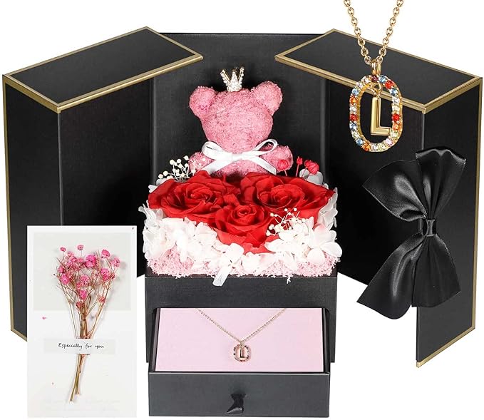 Cute Preserved Real Roses Bear Gift Box for Girlfriend with Initial Necklace L, Unique Birthday Gift for Mom, Her, Grandma, Anniversary Presents for Wife Women