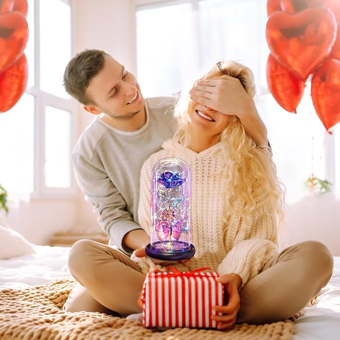 Womens Gifts for Christmas, Christmas Rose Gift for Women Birthday Gift Galaxy Glass Rose Forever Eternal Crystal Flower Light Up Roses in Glass Dome Purple Xmas Gifts for Mom Grandma Wife Her Sister