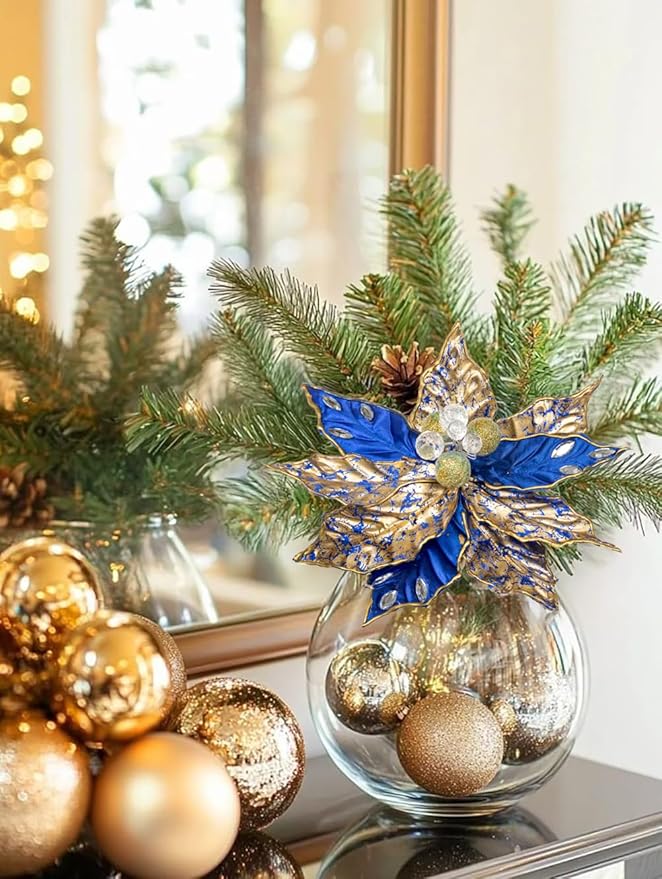 Hollyone 3PCS Poinsettia Christmas Flowers Artificial 11" Large Blue and Gold Glitter Poinsettia Flowers Christmas Tree Ornaments Floral Picks for Tree Wreath Garland Vase Table Centerpiece Home Decor