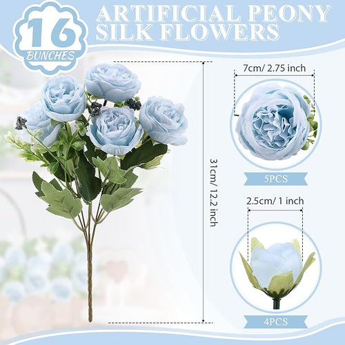 16 Bundles Artificial Peonies Silk Peonies Faux Flower Bouquet Fake Peony Flower Arrangements Table Centerpieces for Vase Wedding Party Boho Home Office Decoration Bulk (Blue)