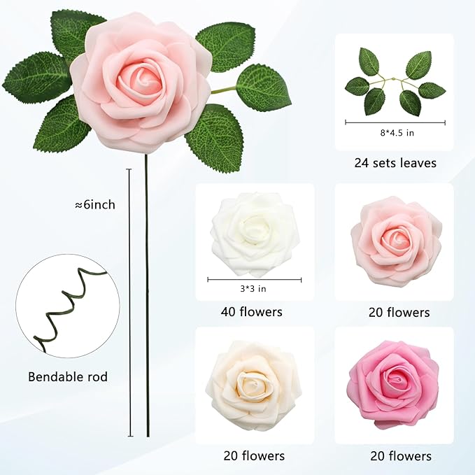 JOYLEX Artificial Flowers Realistic Roses, 100pcs Real Looking Fake Roses with Stem for DIY Wedding Bouquets Centerpieces Bridal Shower Party Home Romantic Decorations (Shades of Pink)