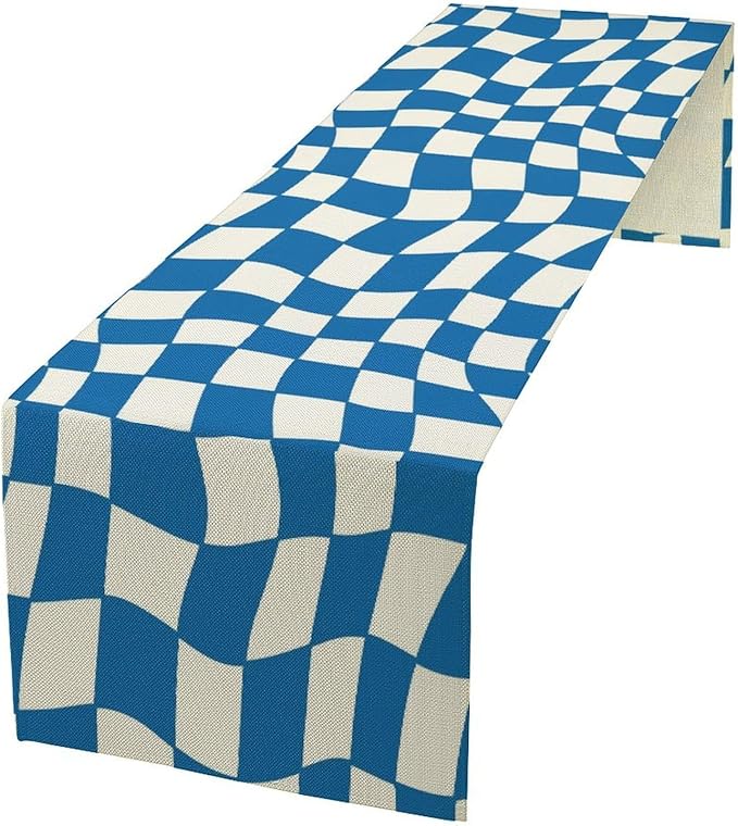 Table Flag Retro Plaid 60s70s Blue Plaid Table Flag Kitchen Restaurant Decoration Suitable for Indoor and Outdoor Festival Home Wedding Party Table Flag 13x60