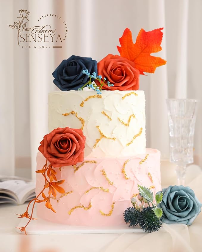 Senseya Artificial Flowers Combo, Teal Orange Silk Roses, Peonies, Dahlias with Stems for DIY Wedding Bouquets, Baby Shower, Table Centerpieces, Home Decor, Fake Floral Arrangements, Party Decorations