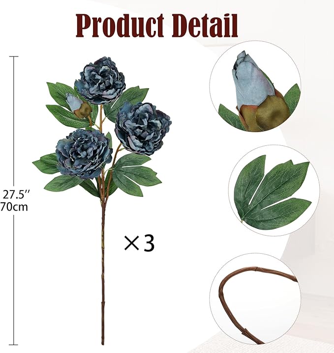 Briful 3 Pack Artificial Peony Flower 27.5" Tall Blue Silk Peonies Floral Stems Real Touch Faux Peony Flower for Wedding Bouquets Home Floral Arrangements Table Centerpieces DIY Décor