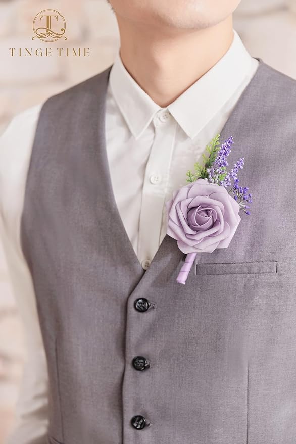 TINGE TIME Boutonniere for Men Wedding - 10pcs Purple Groom & Groomsmen Boutonnieres Set for Wedding Ceremony, Anniversary, Prom, Formal Dinner, Rustic Spring Wedding(Lavender & Plum)