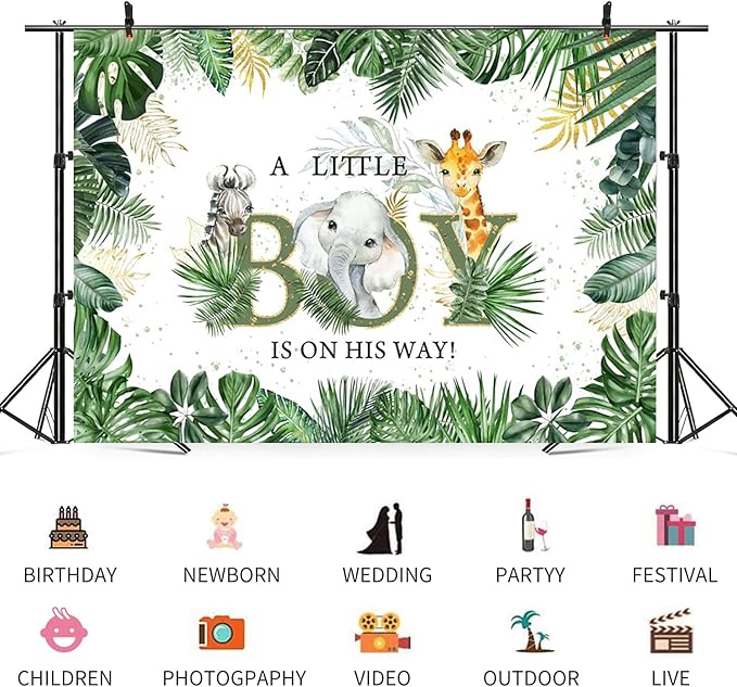 8x6ft Baby Shower Backdrop A Little Boy is On His Way Photography Background Jungle Animals Elephant Giraffe Green Gold Leaves Kids Party Banner Decorations Newborn Parties Photo Booth Prop