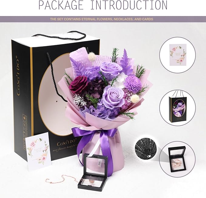 Preserved Flowers for Delivery, Purple Flower Bouquets with Necklace, Forever Real Roses Anniversary Birthday Gifts for Women Mom Wife Girlfriend, Fresh Flowers for Valentines Day Christmas