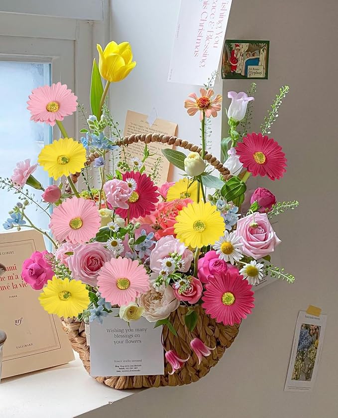 IPOPU Gerbera Daisy Artificial Flowers,20PCS Fake Daisies Artificial Daisy Flowers with Stems for Wedding Party Office Home Decorations(Mixcolor)