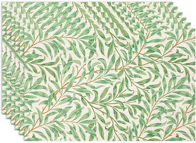 William Morris Vintage Botanical Placemats Set of 6, Retro Leaves Boho Plant Place Mats, Heat Resistant Non Slip Cotton Linen Dining Table Mats for Home Kitchen Party 18x12 Inch