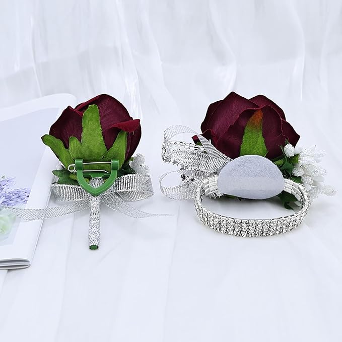 2Pcs Burgundy Rose Corsage and Boutonniere Set, Artificial Wrist Corsage Wristlet Bracelets, Men Boutonniere for Wedding Party Formal Dinner Flowers Accessories Prom Decorations
