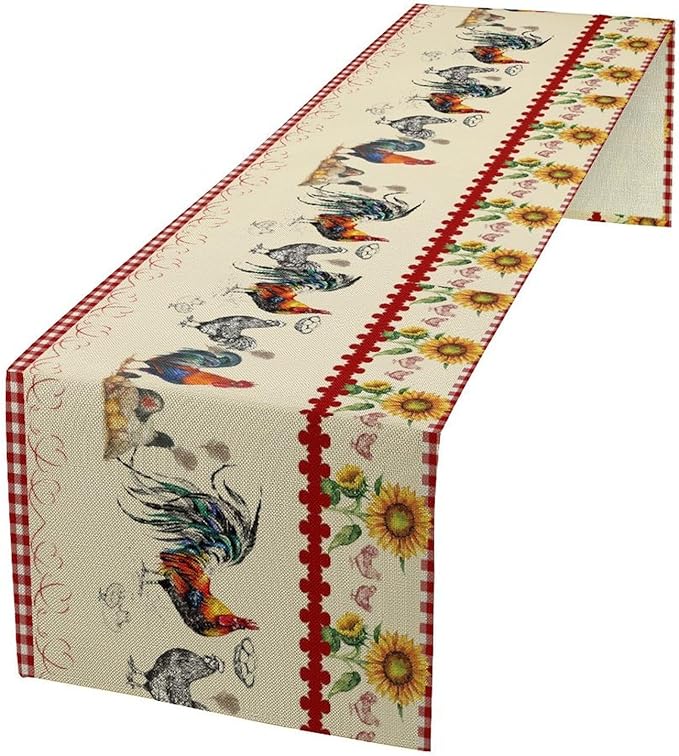 Rustic Rooster Table Runner,Vintage Country Farm Sunflower Chicken Red Plaid Print Tablecloth Burlap for Hotel Indoors Outdoor Dining Room Kitchen Home Decor,W13X L108 in