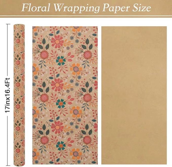 Aimyoo Kraft Floral Wrapping Paper Roll - Mini Roll - 17 Inch x 16.4 Feet - All Occasion Vintage Flower Gift Wrap Paper for Mother's Day Wedding Birthday Bridal Shower