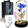 Birthday Rose Flower Gifts for Women, Mothers Day Glass Rose Gift for Mom from Daughter Son, Colorful Blue Rainbow Rose in Glass Dome with Music Box, Light Up Rose in Glass Dome for Her Wife Grandma