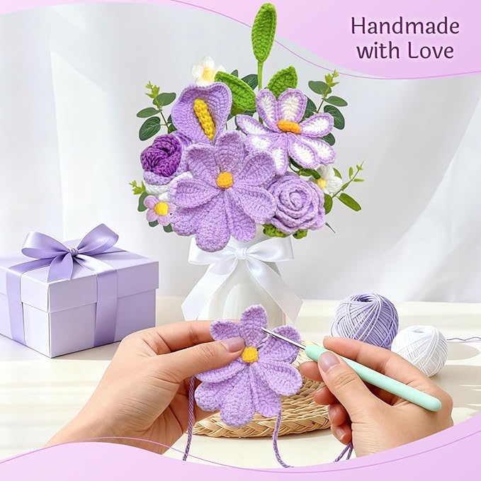 ICX Crochet Flowers Bouquet with Lights,Handmade Knitted Roses Flowers,Gesang Flower,Crochet Heart, Crochet Gift for Wedding, Birthday, Anniversary, Mother’s Day for Her, Girlfriend, Wife(Purple)