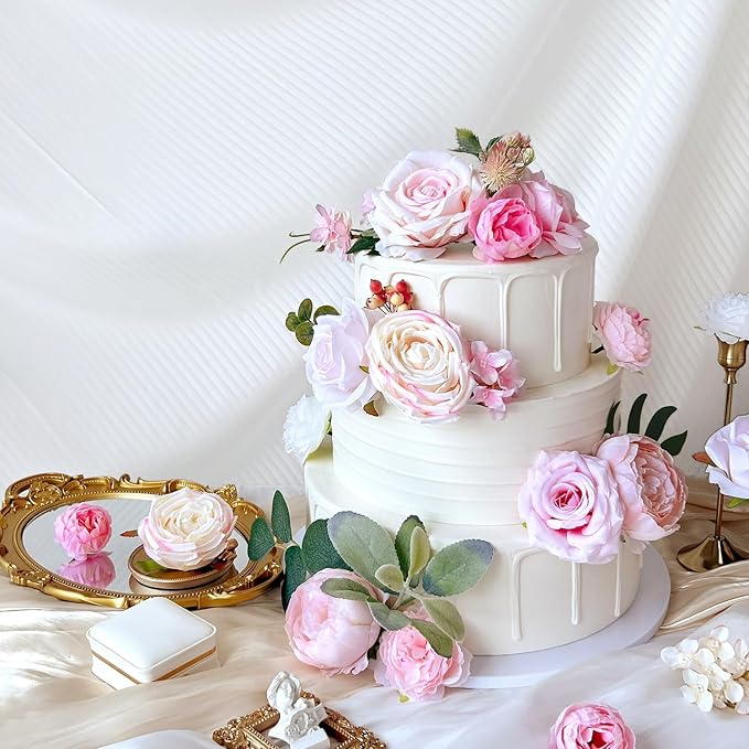 Blush Pink Artificial Flowers Combo Box Set Light Pastel Silk Roses with Stems DIY Bridal Wedding Bouquets Cake Fake Floral Arrangements Baby Shower Party Table Centerpieces Spring Home Decor Bulks