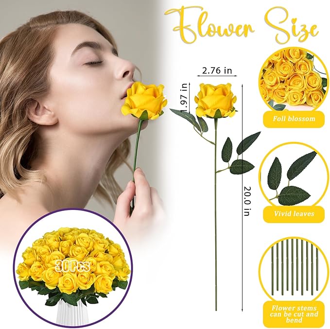 30pcs Fake Roses Artificial Silk Flowers Long Stems Bouquet for Wedding Bridal Shower Party Home Decoration (Yellow)