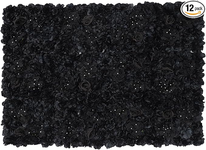 12 Pcs Artificial Flower Wall Panels, 15 x 15 Inch Floral Backdrop Silk Flower Wall Decor, 3D Black Hydrangeas Dahlias Roses Panels Background for Wedding Party Baby Shower