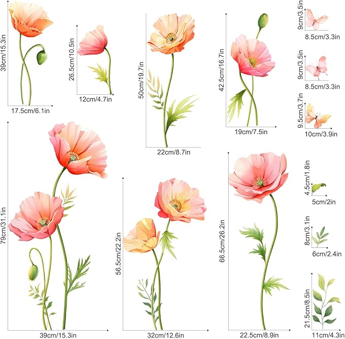 Large Pink Floral Wall Decals Poppy Flower Butterfly Wall Stickers Peel and Stick Autumn Floral Wall Art Decor for Living Room Bedroom Office TV Sofa Backdrop Home Decor Gifts for Mom