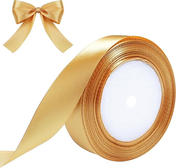 Gold Ribbon for Gift Wrapping, 1 inch Polyester Satin Hair Ribbons for Flower Bouquet, Weeding Decoration, Baby Shower, Crafts Bows Fabric Christmas Ribbon 25 Yards
