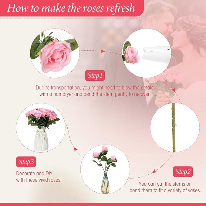 Hotop 40 Pcs Rose Artificial Flowers Bulk with Long Stem,Realistic Silk Fake Roses Bouquet for Home Wedding Centerpieces Party Table Decoration Valentines Gifts(Pink)