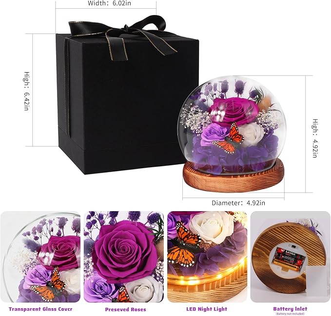 Real Preserved Flowers with LED Lights, Forever Eternal Roses Box, Gifts for Women, Mom, Wife, Girlfriend, Birthday Christmas Day & All Occasions, Home Decor