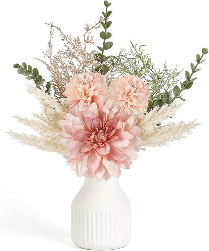 Mkono Small Artificial Flowers in Ceramic Vase 13.5" Centerpieces Coffee Table Decor, Silk Flower Arrangements for Home Decor Indoor Fake Flower Bouquet for Bathroom Dining Room Kitchen Wedding Pink