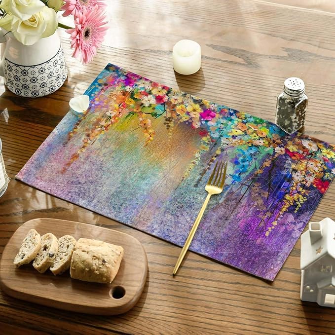 Placemats Set of 4 Abstract Watercolor Floral Dining Place Mats Linen Table Mat for Farmhouse Home Kitchen Decor 12 X 18 Inch
