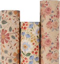 Aimyoo Kraft Floral Wrapping Paper Bundle, Vintage Spring Flowers Rose Gift Wrap Paper for Wedding Bridal Shower Birthday, 3 Rolls 17 in x 10 ft per Roll