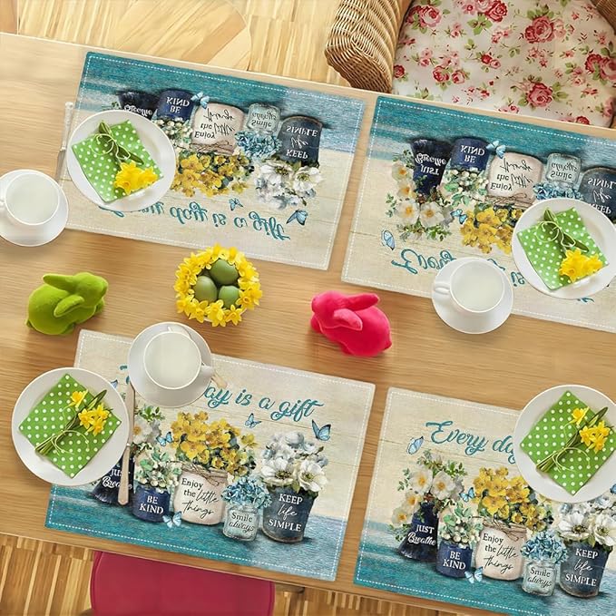 Farmhouse Spring Flower Placemats Set of 6 Every Day is A Gift Country Rustic Floral Yellow Double-Sided Table Mats for Dining Room Home Party Indoor 6 PCS 12x18 Inch
