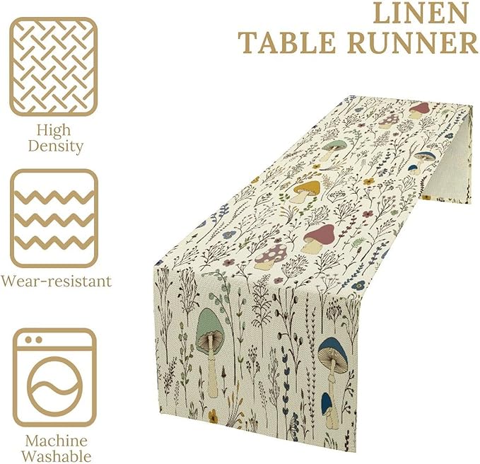 Mushroom Table Runner,Colorful Wild Plants and Fungus Botanical Plants Pattern Print Burlap for Hotel Indoors Outdoor Dining Room Kitchen Holiday Party, 13x90in