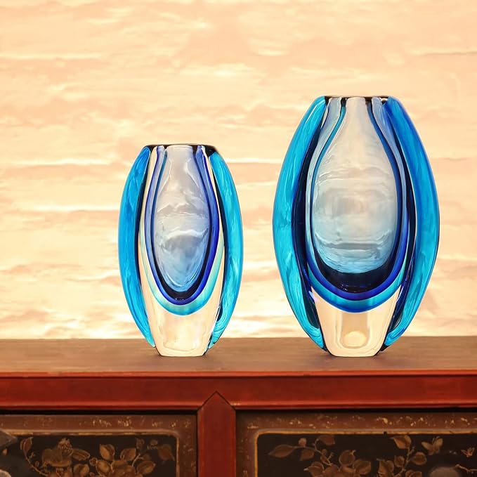 Luxury Lane Hand Blown Sommerso Oval Art Glass Vase for Decor Centerpiece Table Decoration Blue 8.5 inch Tall