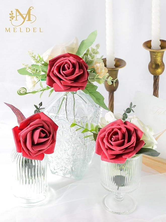 Meldel Artificial Flower 50pcs Real Looking Red Rose Fake Foam Roses with Stems for DIY Wedding Bouquets Gifts Bulk Crafts Faux Floral Centerpieces Arrangements Home Party Tables Decorations