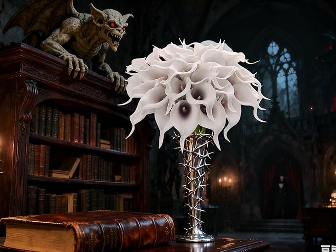 24 Pcs Artificial Calla Lily Flowers Fake Silk Flowers Real Touch for Wedding Bouquet Office Goth Home Kitchen Decor (White Black)