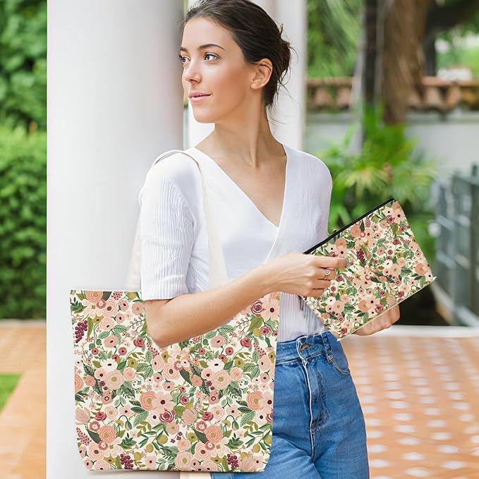 Aesthetic Floral Tote Bag Makeup Bag Flower Decor Gifts for Girls Christmas Shopping Grocery Bags Cosmetic Bags