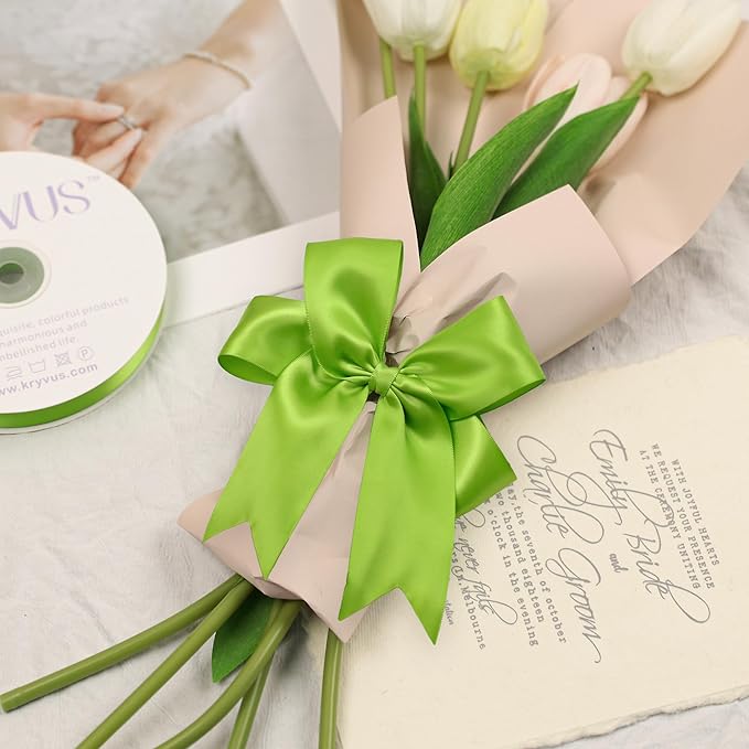 Apple Green Satin Ribbon, Double Faced 1-1/2 Inch X 25 Yards Apple Green Ribbon, Premium Satin Ribbon for Gift Wrapping, Crafts, Hair Bow Making, Sewing, Flower Bouquet, Wedding Party Decor