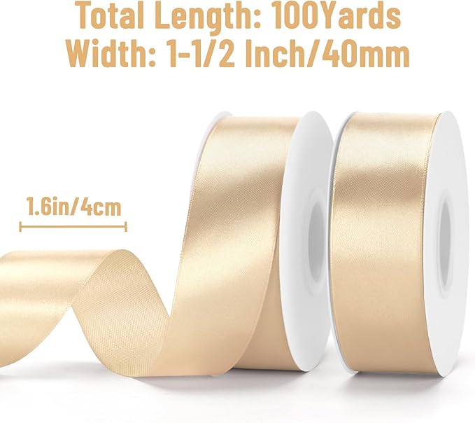 KINGLAKE Champagne Gold Satin Ribbon - 1 1/2'' x 100 Yards Polyester Champagne Ribbon for Gift Wrapping, Wedding, Party Decoration, DIY Crafts, Floral Bouquets and Wreath Bows