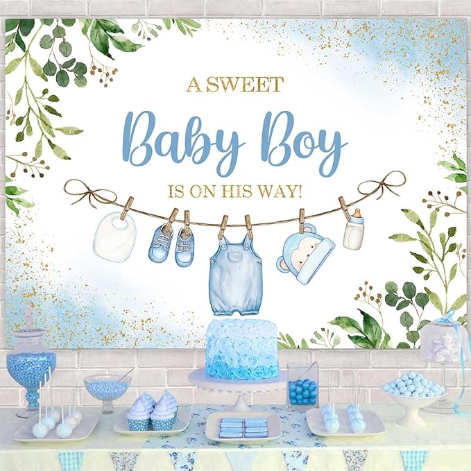 Sensfun Cute Clothes Baby Shower Backdrop for Boys A Sweet Baby Boy is On His Way Banner Greenery Eucalyptus Leaves Welcome Baby Boy Baby Shower Party Decorations Banner Photo Booth Props 5x3ft