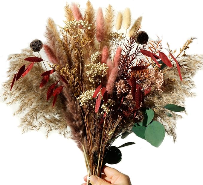 Natural Dried Pampas Grass Bouquet,17" Natural Dried Flower Bouquet，Pampas Grass Silver Dollar Leaf Decoration， Bohemian Style Family Wedding Country Farmhouse Decorated with Dried Flowers