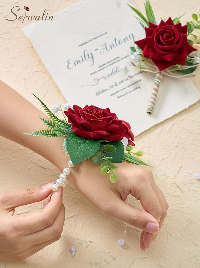 Serwalin Red Rose Corsage and Boutonniere Set, Boutonniere for Men and Wrist Corsage Wristlet Prom Homecoming Wedding Flowers Accessories Party Suit Decorations (red)