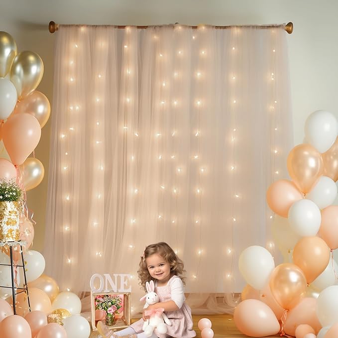 10x10ft Champagne Tulle Backdrop Curtain with Lights String for Parites, Sheer Backdrop Curtains for Wedding Baby Shower Birthday Party Photo Shoot Decorations