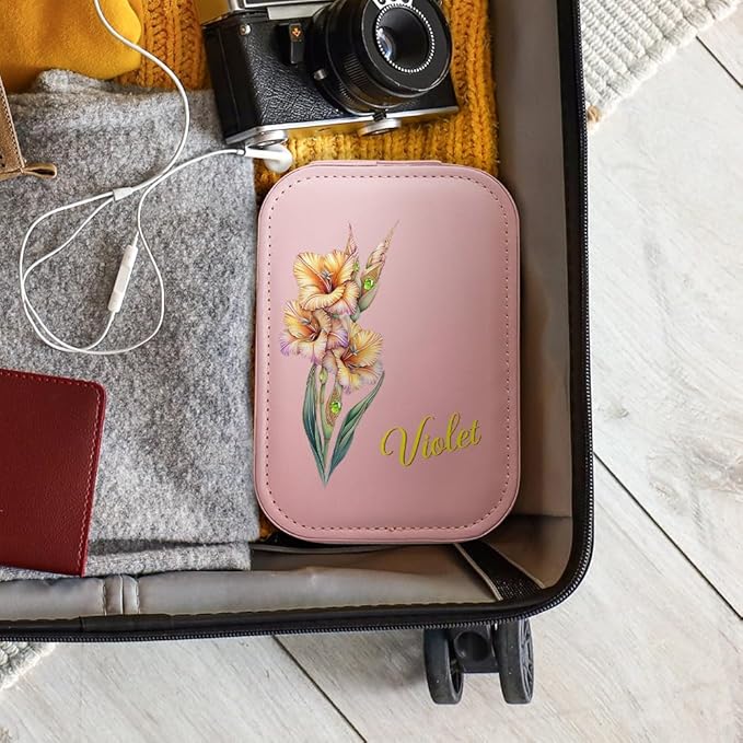 callie Personalized Birth Flower Jewelry Box with Mirror & LED 3 Adjustable Light, Custom Name - Travel Makeup Box Organizer, Birthday Christmas Gift for Women Girls
