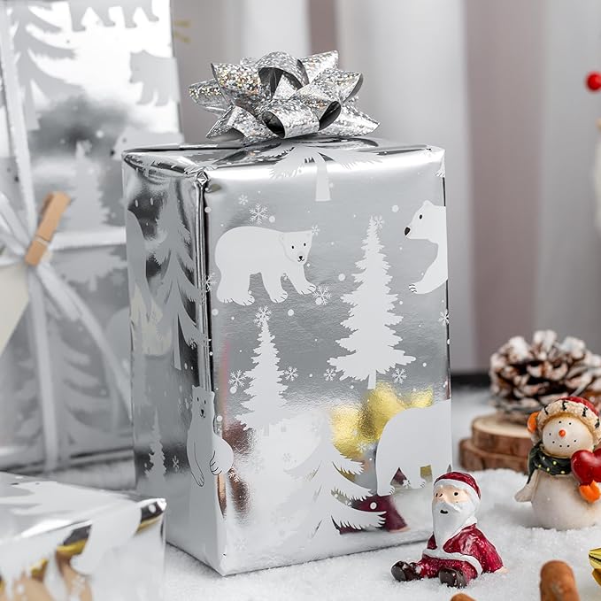 MAYPLUSS Foil Gift Wrapping paper Roll - 17 Inch X 33 Feet - Elegant Silver Christmas Seasonal Festive Gift Wrap Bear w/Glossy Foil-Like Shine Pattern for Christmas, Holiday, Birthday and Art Crafts