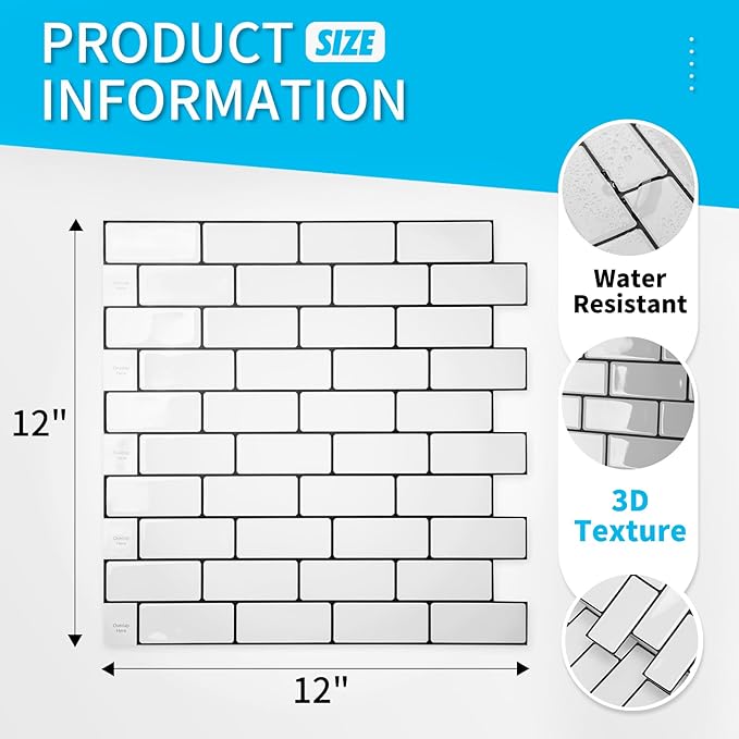 Art3d 10-Sheet Peel and Stick Backsplash Tile for Kitchen - 12”×12” Stick on Wall Tile for Kitchen Bathroom Countertop Living Room, Warm White with Black Grout